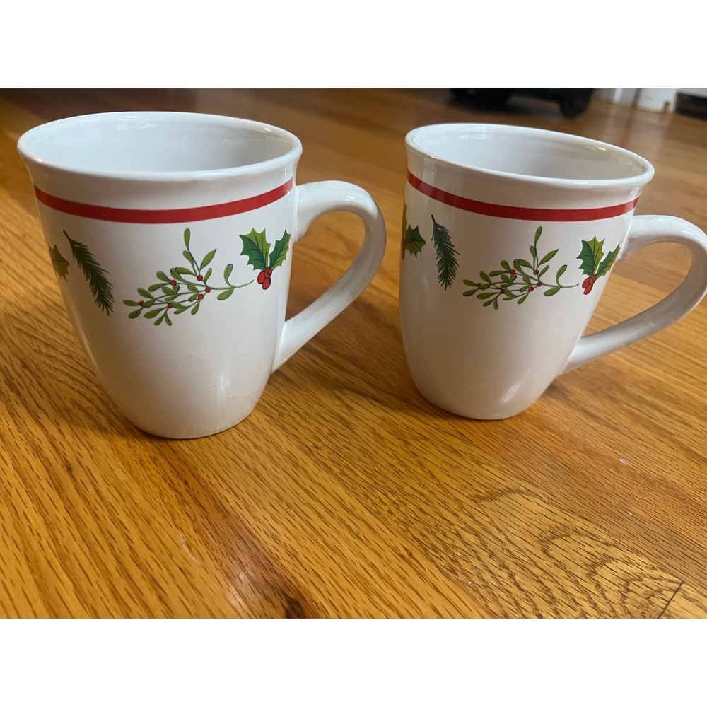 2 Vintage Royal Norfolk Christmas Mugs  Holly Berries Mistletoe Pine Red Rim